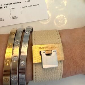 HOT! Balenciaga Silver Lock Cream Leather Bracelet with Gold-Tone Plaque